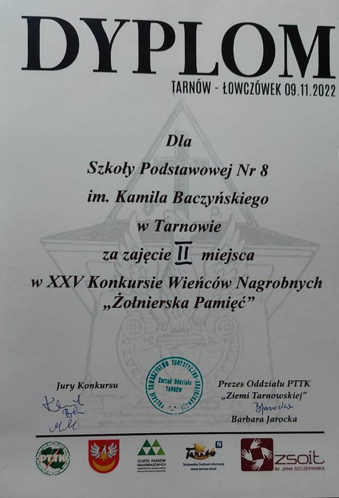 Dyplom za zajęcie 2 miejsca w konkursie wieńców nagrobnych "Żołnierska Pamięć"